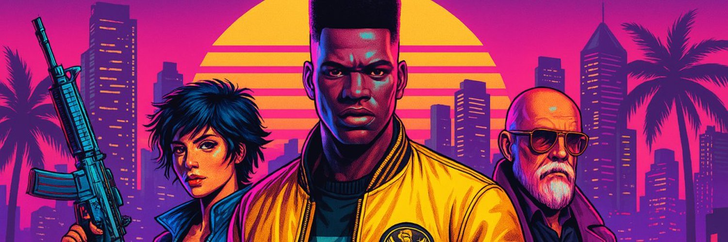 Illustration of the team in a retro setting, city and palm trees against a setting sun: Medusa on the left, Shark in the centre, Orca on the right.