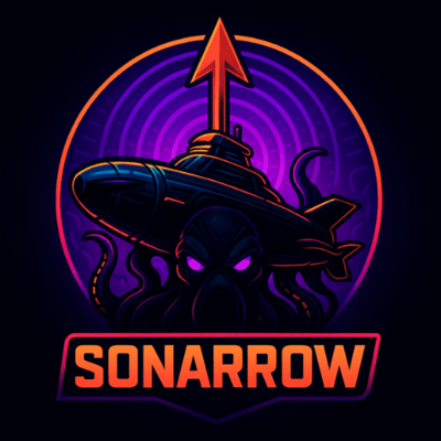 Logo Sonarrow : un sous-marin surmonté d'une flèche, devant une pieuvre aux yeux violets.